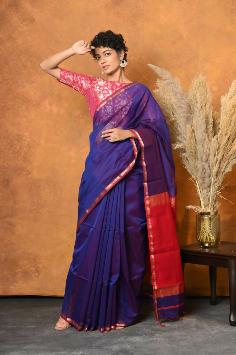 Very Much Indian Handloom Pure Cotton Silk Saree With Sleek Golden Border - Indigo Blue | Grocsy