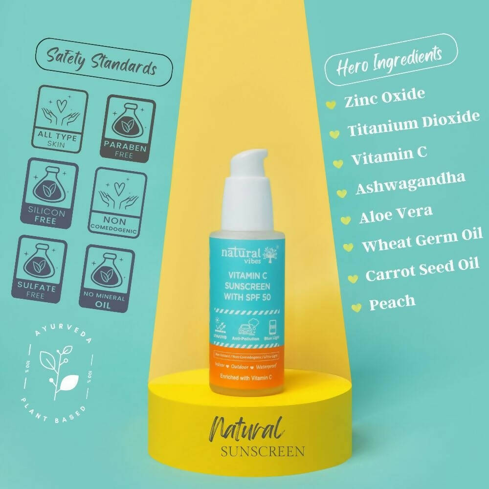 Natural Vibes Vitamin C Sunscreen SPF 50 + - UVA/UVB rays, Blue Light & Pollution Protection | Grocsy
