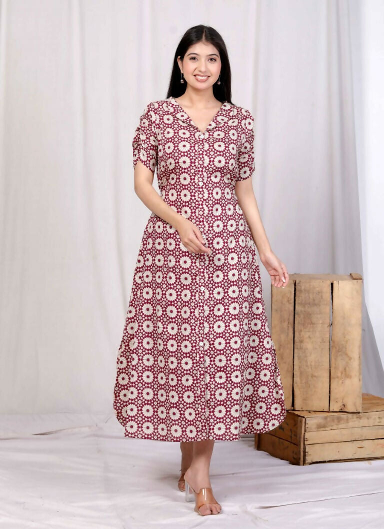 Miravan Women's Cotton Floral Printed Cream A-Line Maxi Dress with Buttons | Grocsy