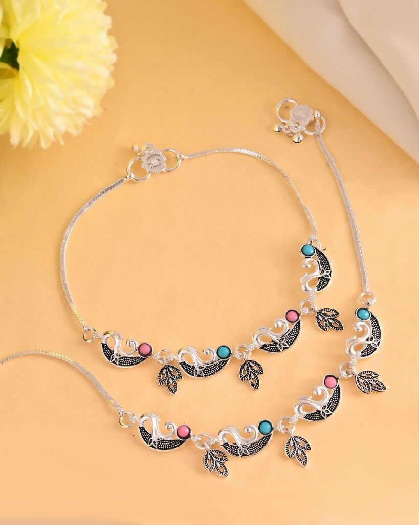 VOJ Set of 2 Silver Plated Stainless Steel Multi Color Anklet | Grocsy
