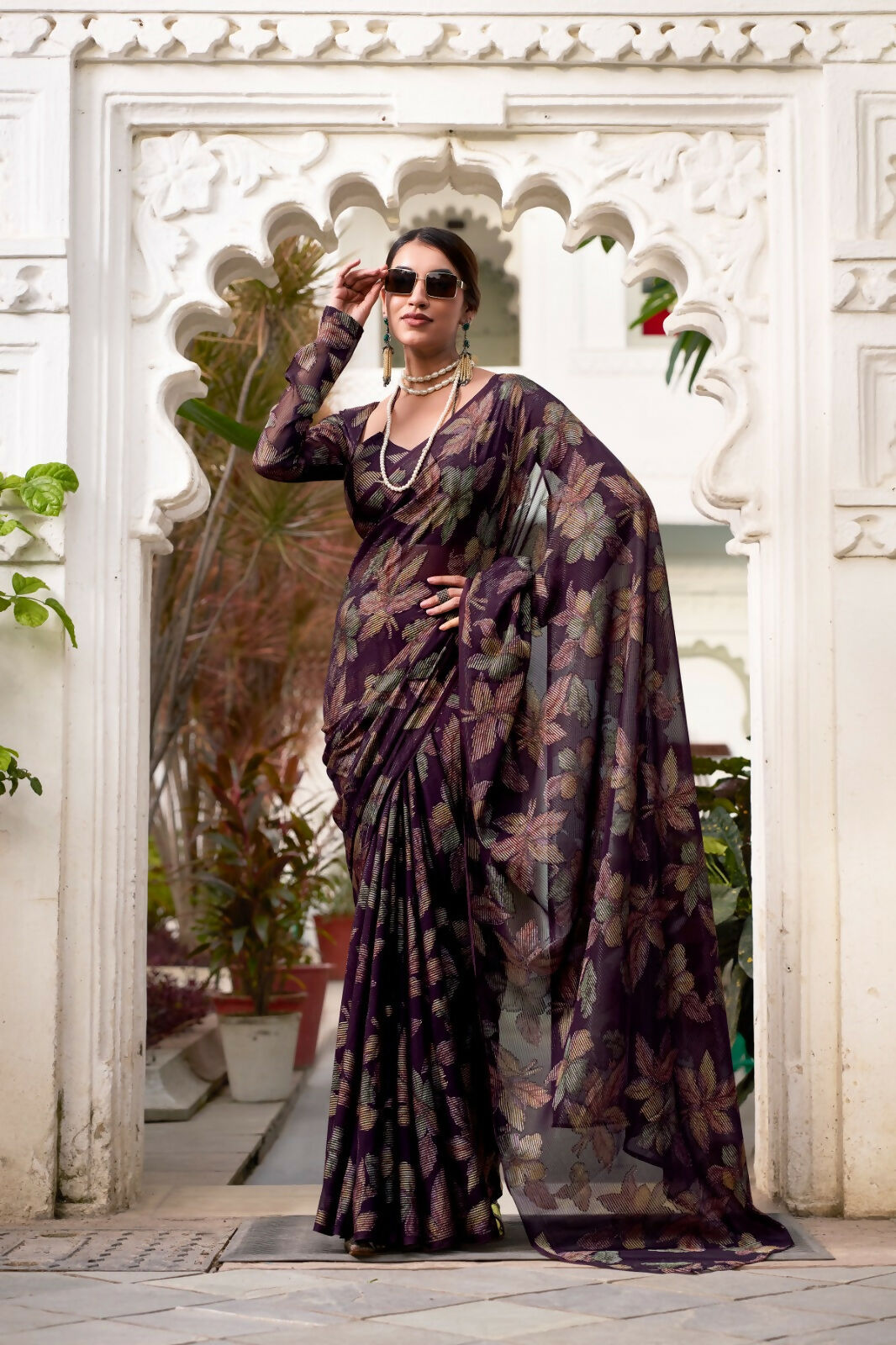 Vastranavya Wine Lurex Brasso Floral Printed Saree with Unstitched Blouse | Grocsy