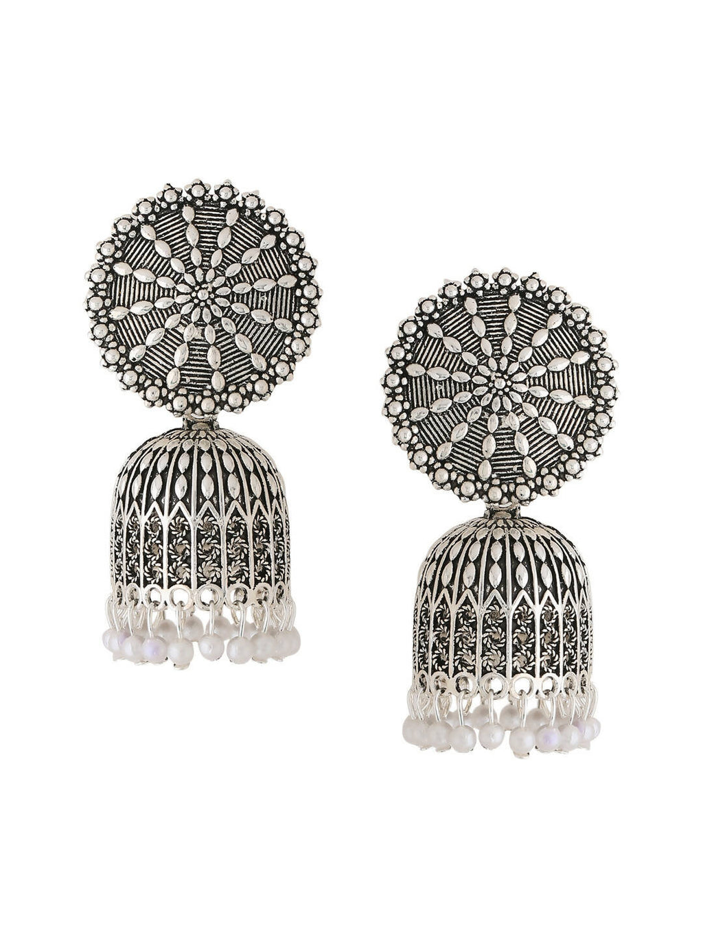 NVR Women Silver Toned Dome Shaped Jhumkas Earrings | Grocsy