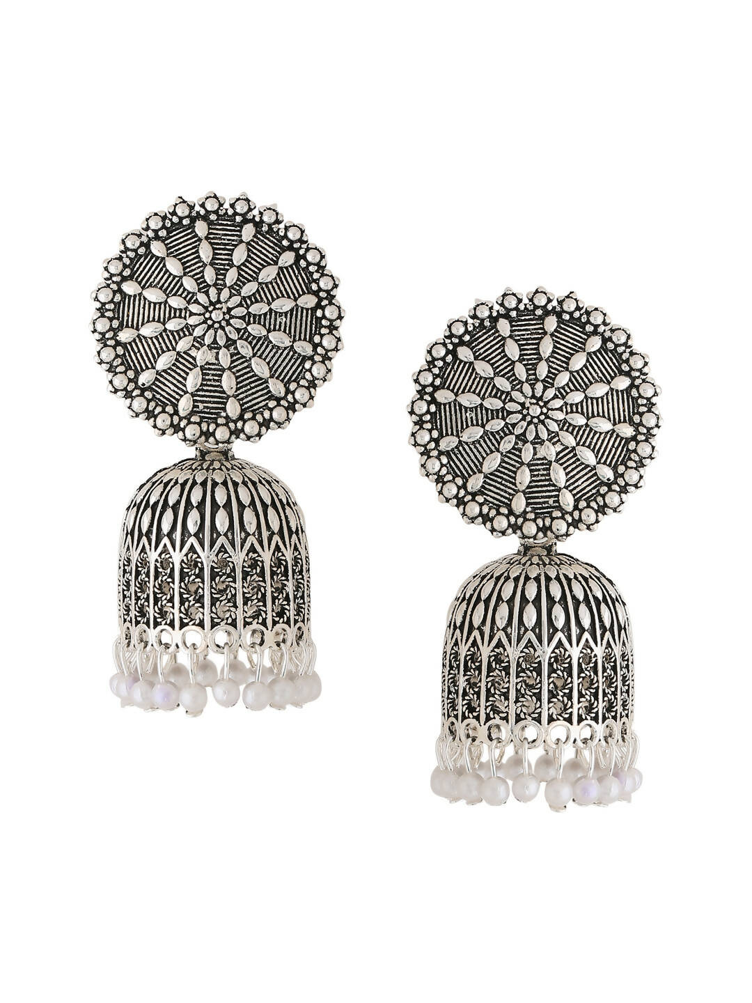 NVR Women Silver Toned Dome Shaped Jhumkas Earrings | Grocsy