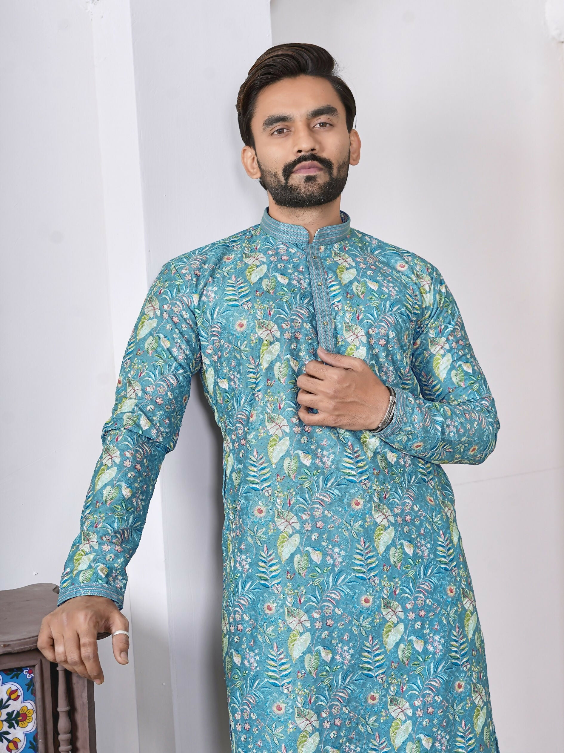 Anaita Blue Digital Printed Work Cotton Straight Kurta | Grocsy