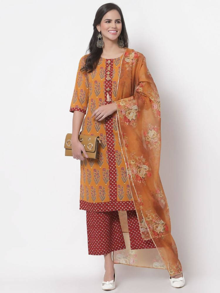 Myshka Women's Cotton Printed 3/4 Sleeve Round Neck Casual Multicolor Kurta Pant Dupatta Set | Grocsy