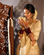 DEIANA'S Beautiful Designer Golden zari Soft Lichi Silk Saree - Cream | Grocsy