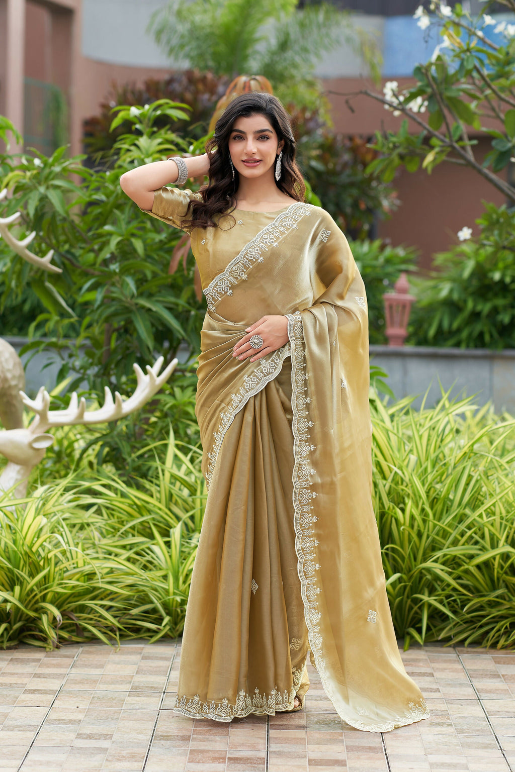 Vastranavya Beige Embroidery Work Shimmer Chiffon Saree with Unstitched Blouse | Grocsy