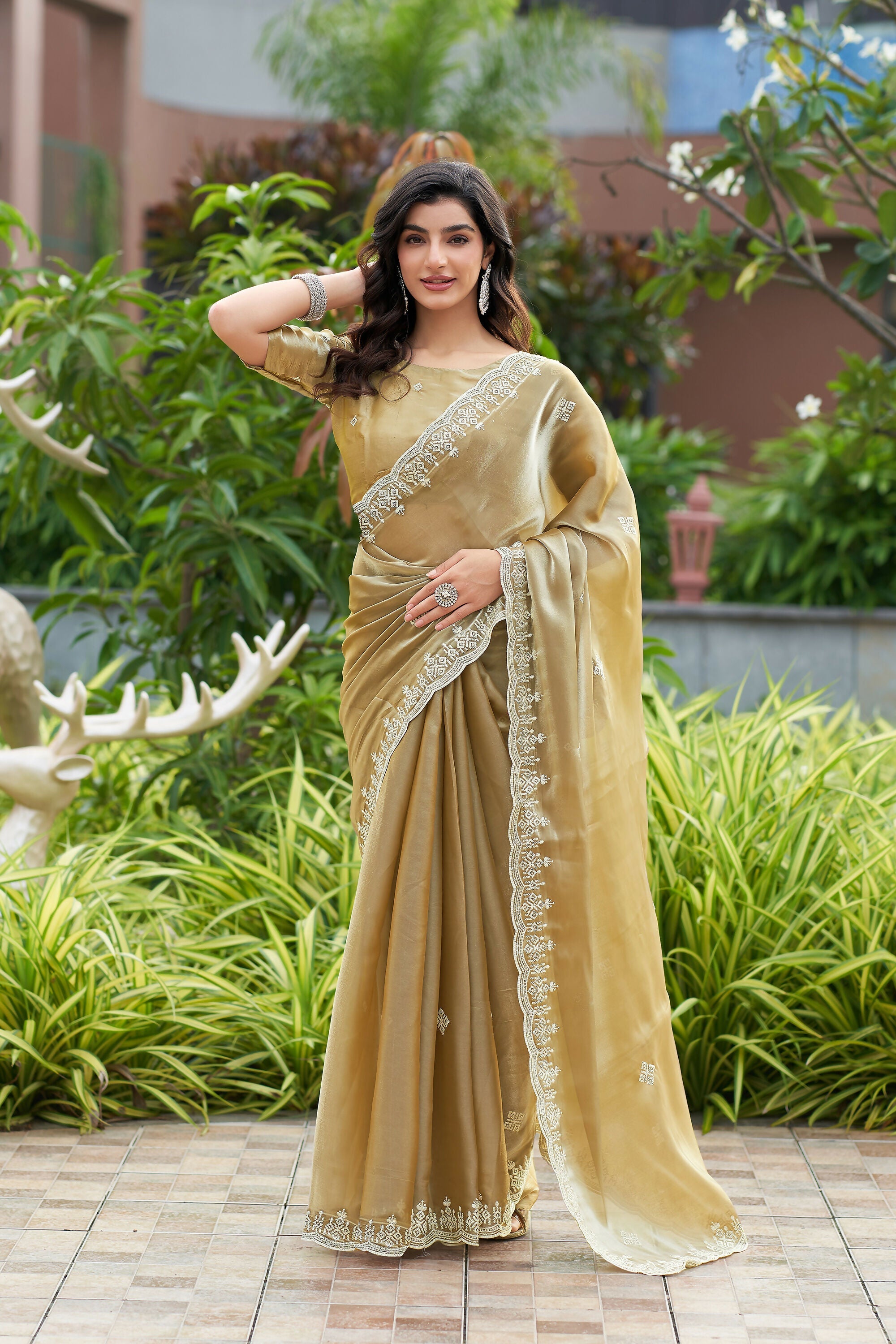 Vastranavya Beige Embroidery Work Shimmer Chiffon Saree with Unstitched Blouse | Grocsy