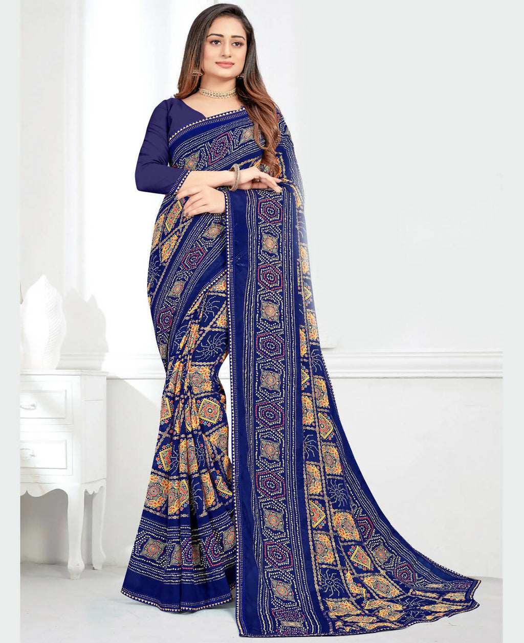 Blue Georgette Bandhani Printed Saree With Unstitched Blouse Piece - Jyoti | Grocsy