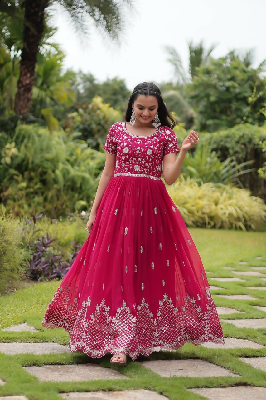 Vastranavya Premium Designer Faux Blooming with Embroidery Zari Sequins work Gown - Pink | Grocsy
