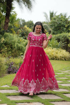 Vastranavya Premium Designer Faux Blooming with Embroidery Zari Sequins work Gown - Pink | Grocsy