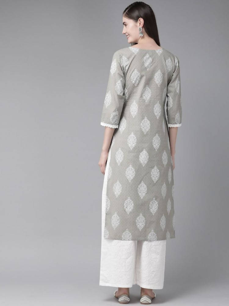 Yufta Grey and Off White Printed Kurta with Palazzo set | Grocsy