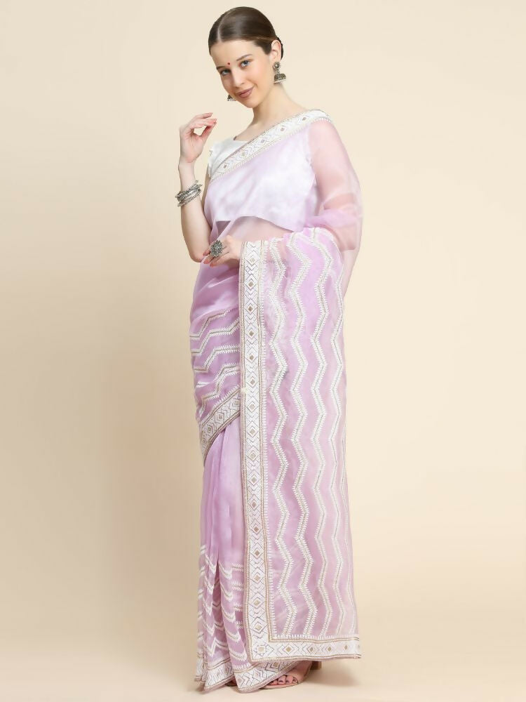 Vamsee Banno Lehriya Lavender Organza Saree | Grocsy