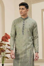 Raivat Ethnic Art Silk Thread Work Kurta Pajama In Green Colour | Grocsy