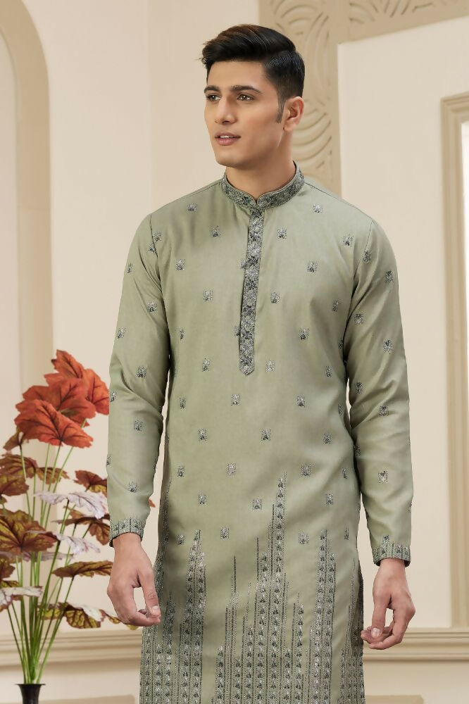 Raivat Ethnic Art Silk Thread Work Kurta Pajama In Green Colour | Grocsy
