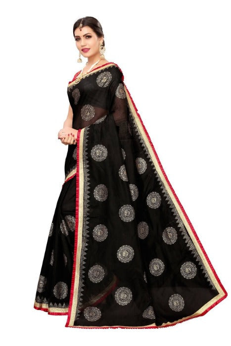 Vamika Chanderi Cotton Foil Print Black Saree (GOLDEN BIRD BLACK) | Grocsy