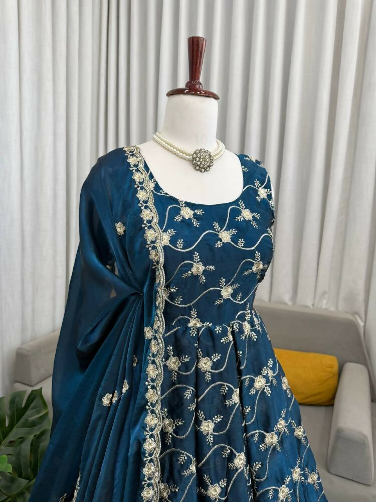 Teeya Creation Blue Color Fendy Silk Heavy Embroidery Work Wedding Wear Long Gown | Grocsy