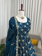 Teeya Creation Blue Color Fendy Silk Heavy Embroidery Work Wedding Wear Long Gown | Grocsy
