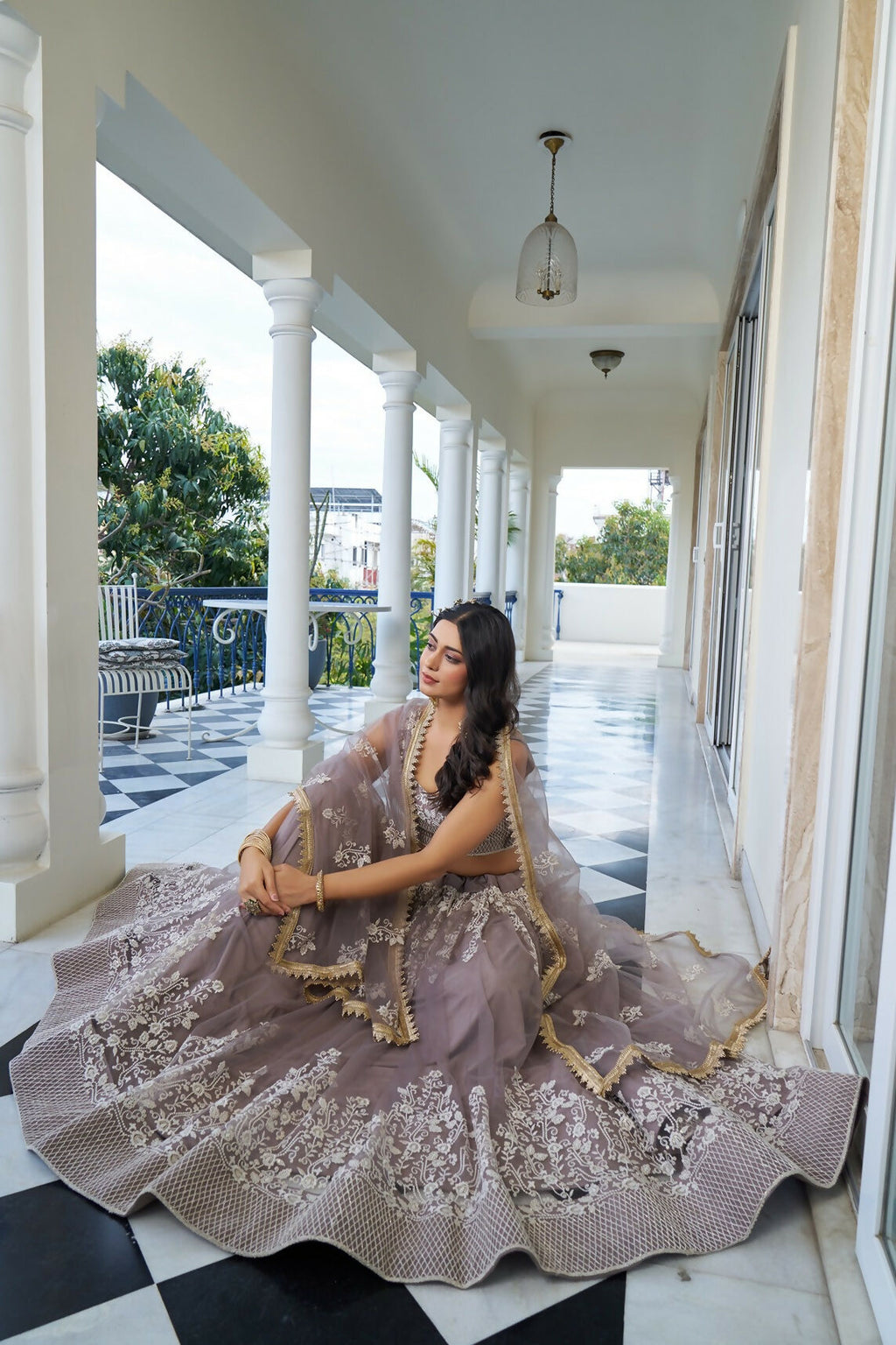 Eilara Glamorous Light Dusty Brown Butterfly Net With Thread And Sequins Embroidered Work Lehenga Choli | Grocsy