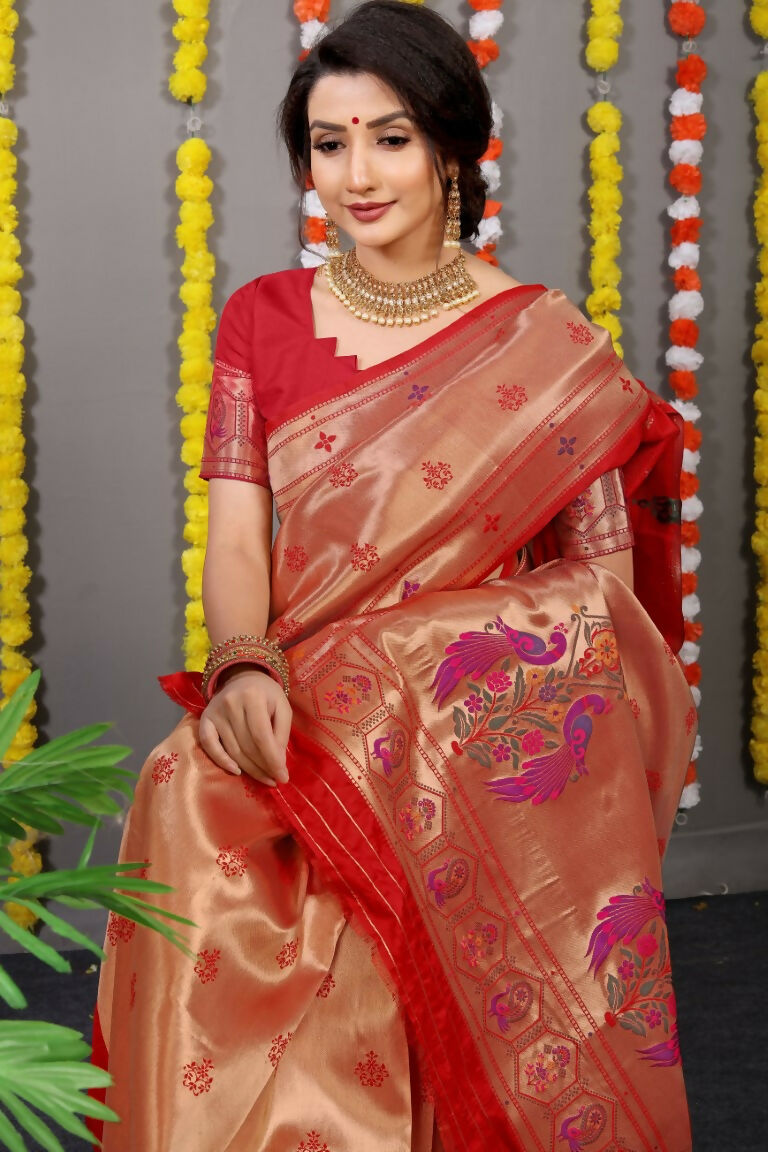 Jyoti Fashion Women's Red Paithani Silk Zari Woven Saree with Blouse | Grocsy