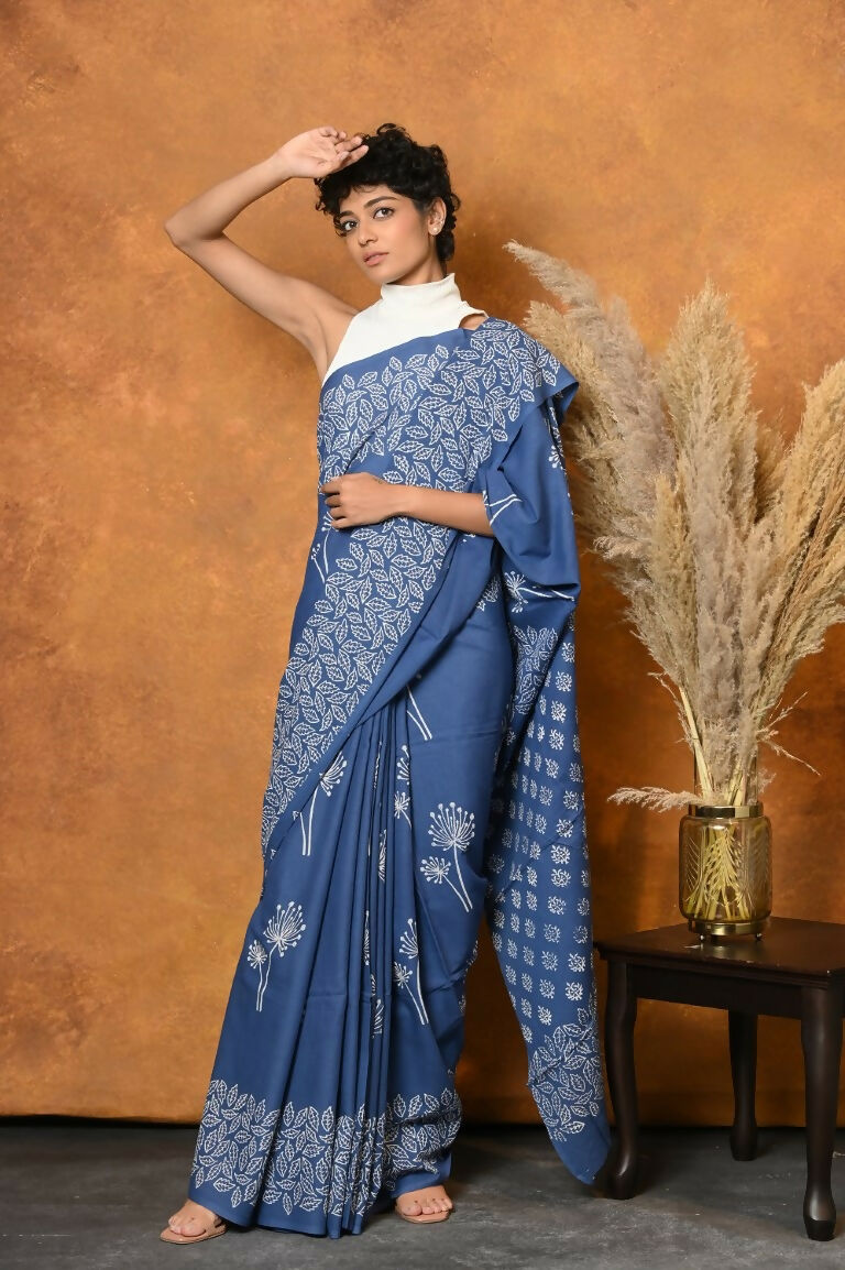 Very Much Indian Handblock Printed Cotton Saree With Natural Dyes - Cyan Blue | Grocsy