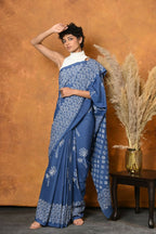 Very Much Indian Handblock Printed Cotton Saree With Natural Dyes - Cyan Blue | Grocsy