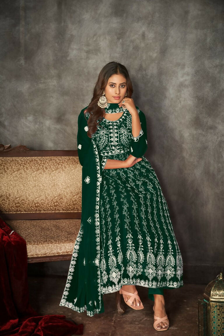Jyoti Fashion Women's Green Net Embroidered Anarkali Kurta Pant Set With Dupatta | Grocsy