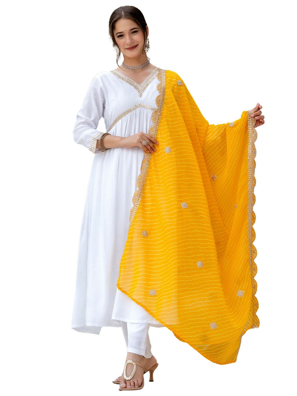The52 White Women's Gorgeous Embroidered Chanderi Fabric Straight Kurta, Pant and Dupatta Set | Grocsy