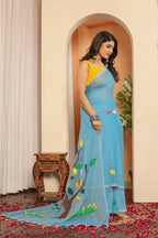 Exclusive Collection Beautiful Light Sky Pure Cotton Hand Print Handloom Saree With Running Blouse Piece | Grocsy