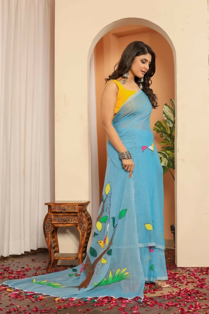 Exclusive Collection Beautiful Light Sky Pure Cotton Hand Print Handloom Saree With Running Blouse Piece | Grocsy