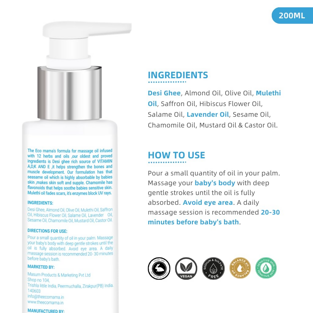 The Eco Mama Baby Massage Oil Infused With Desi Ghee, Mulethi Oil & Chamomile | Grocsy