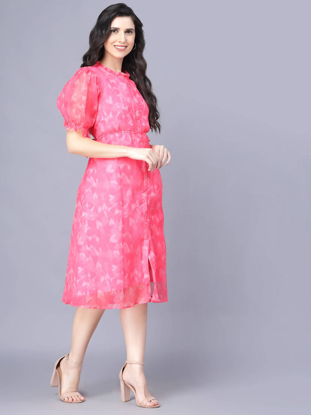 Myshka Women Pink White Floral Organic Cotton Midi Dress | Grocsy