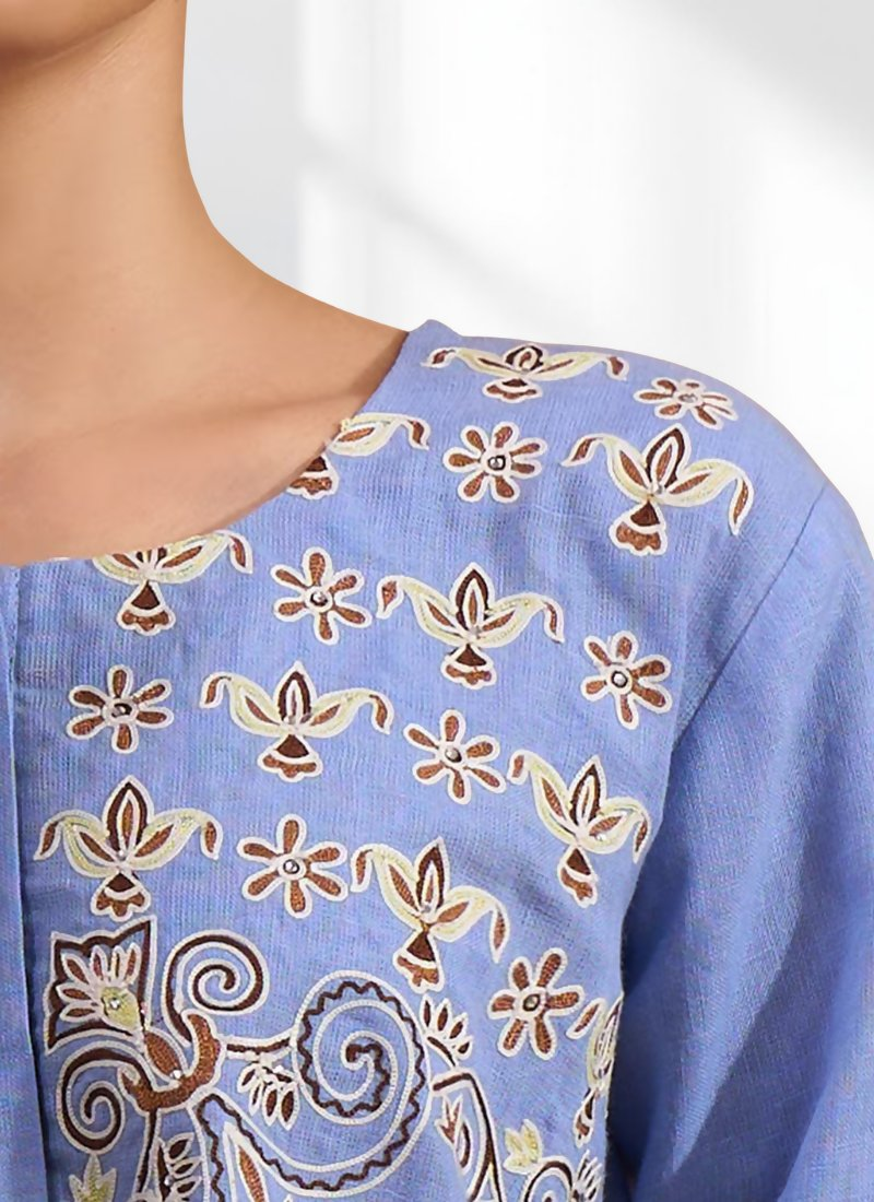 Joban Fashion Sky Blue Cotton, Linen Embroidered Readymade Tunic | Grocsy
