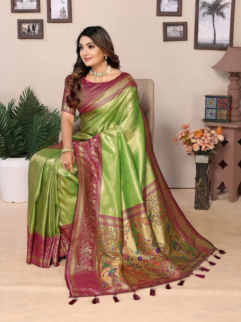 Aastha Fashion Pista Tissue Silk Weaving Saree | Grocsy