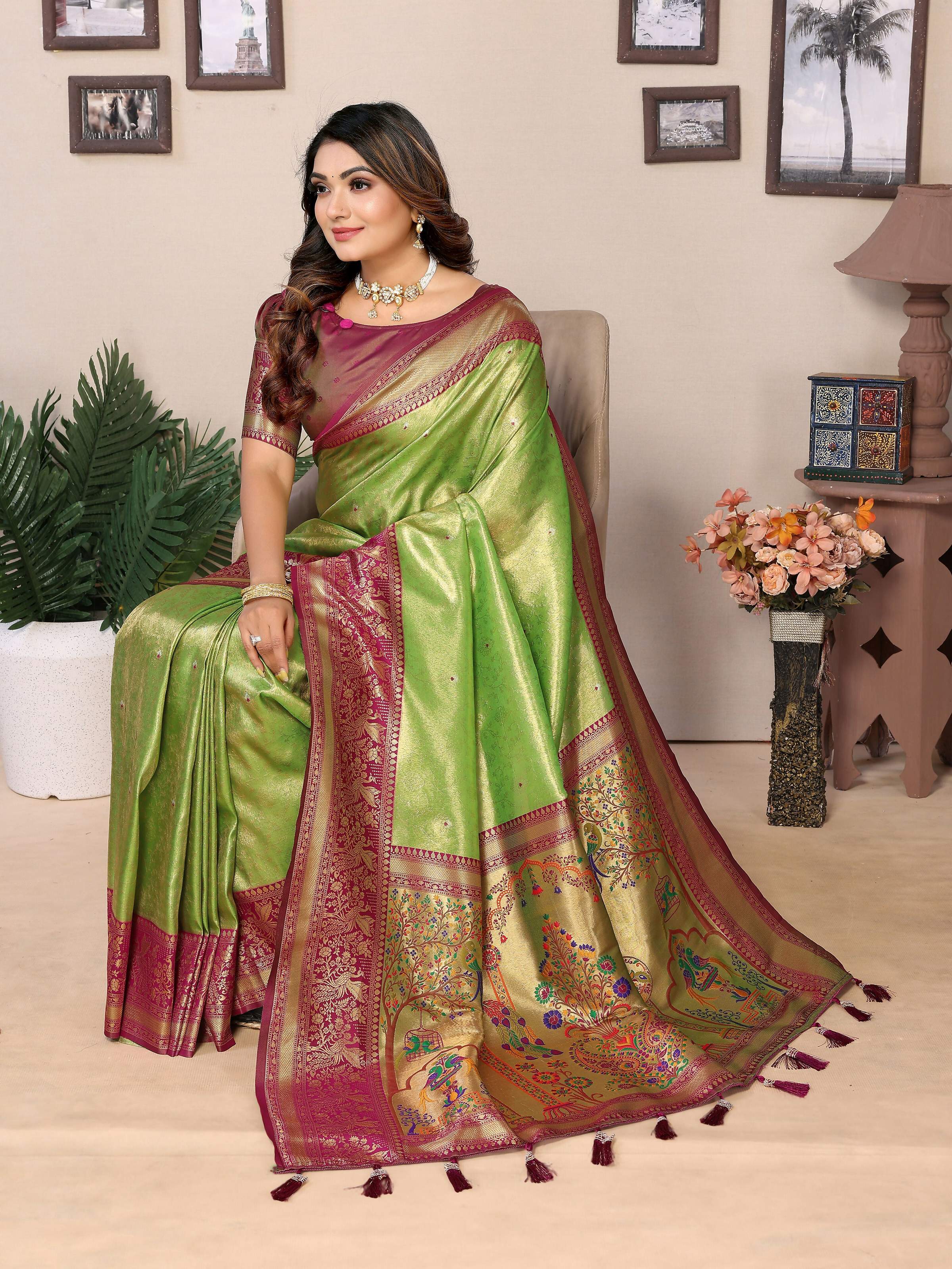 Aastha Fashion Pista Tissue Silk Weaving Saree | Grocsy