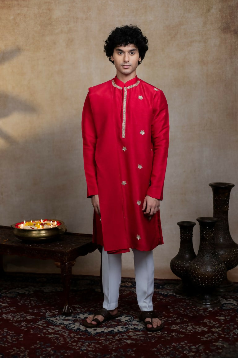 Falling Raw Silk Red Kumkuma Kurta Set By Hilo Design | Grocsy