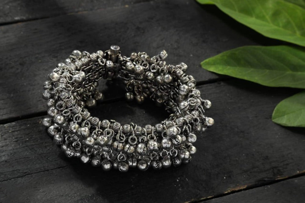 Mominos Fashion Oxidised Silver-Plated Openable Bracelet with Ghungroo (MF0513) | Grocsy