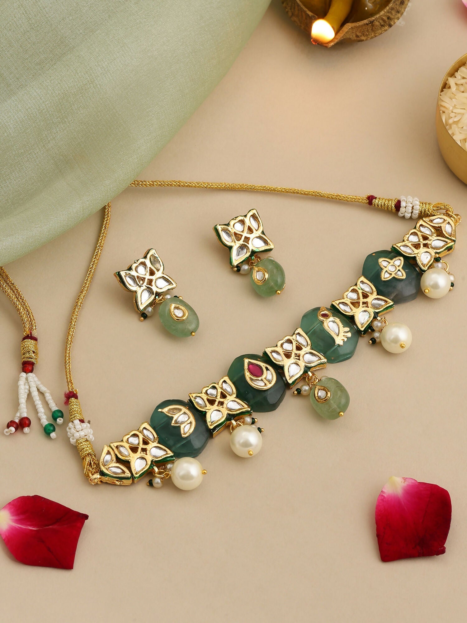 Ruby Raang Antique Kundan Stone Work Jewellery Set | Grocsy