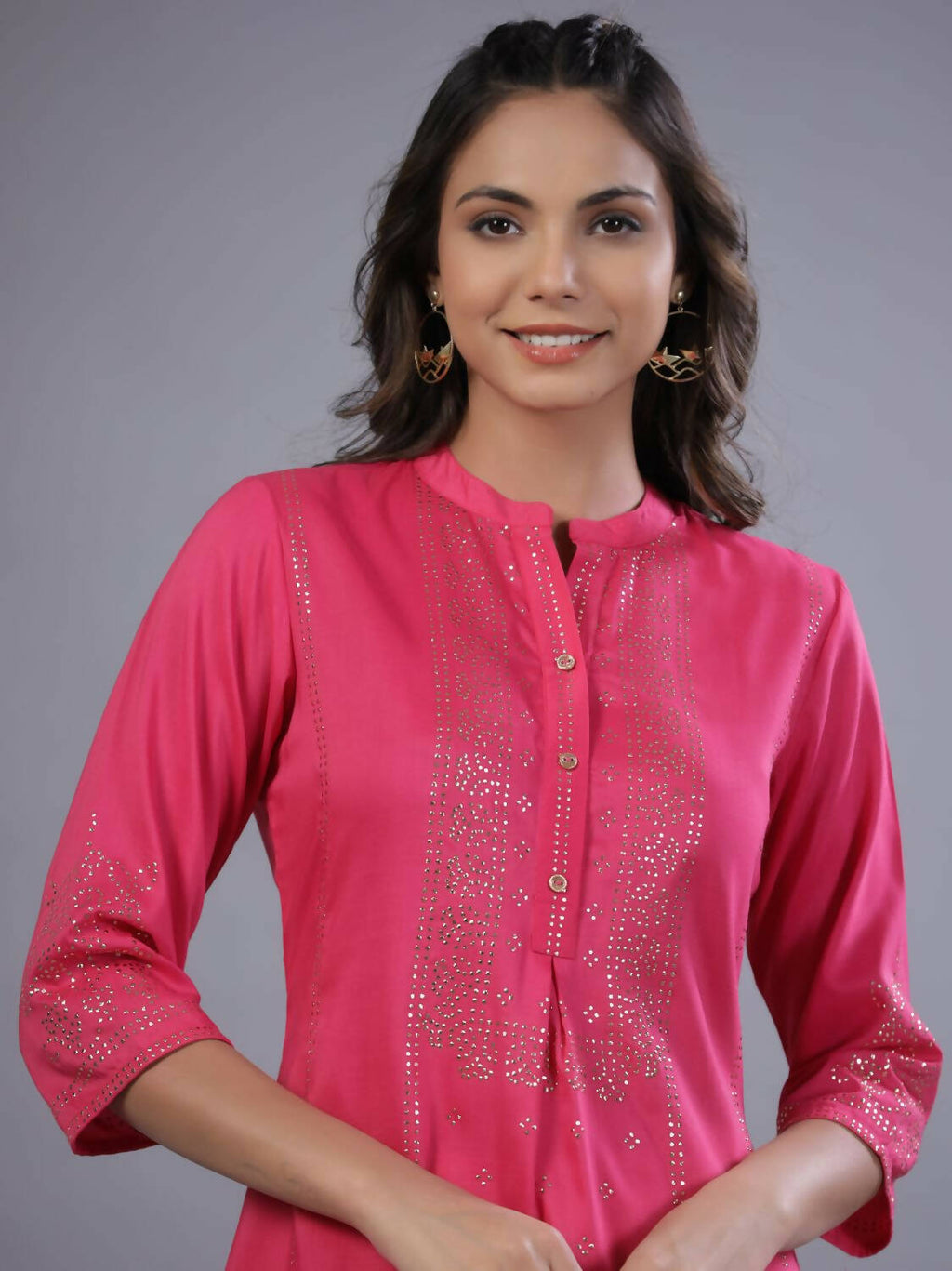 Juniper Women Fuchsia Chinon Silk Mukesh Work Straight Tunic | Grocsy