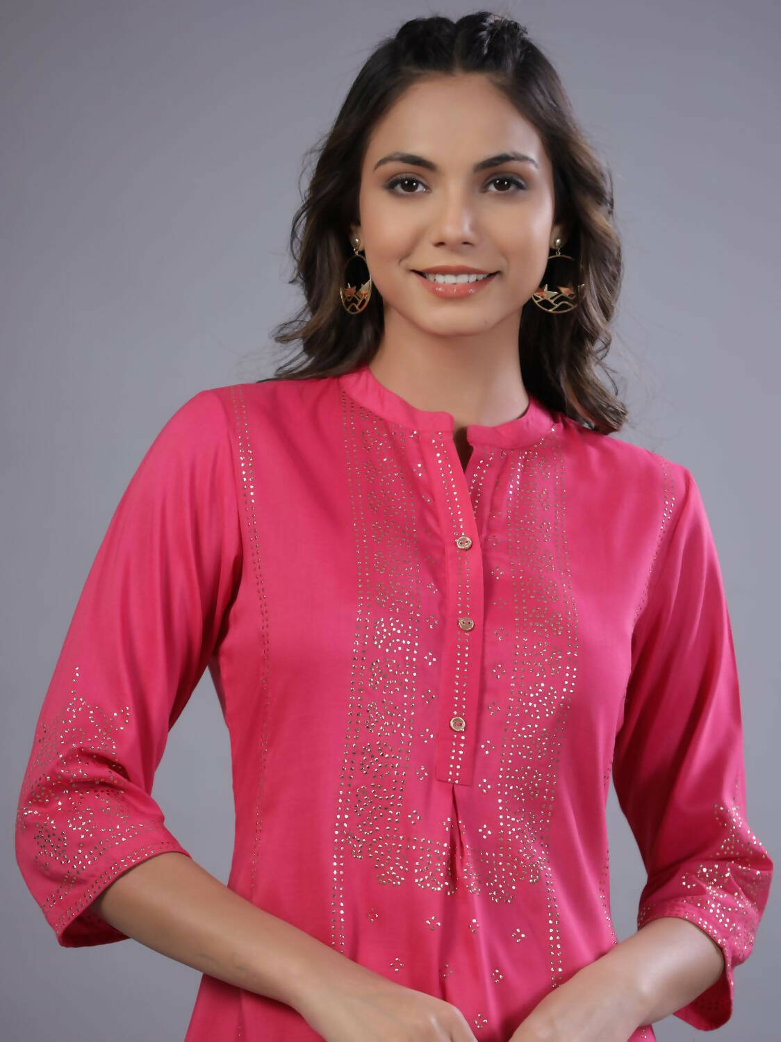 Juniper Women Fuchsia Chinon Silk Mukesh Work Straight Tunic | Grocsy