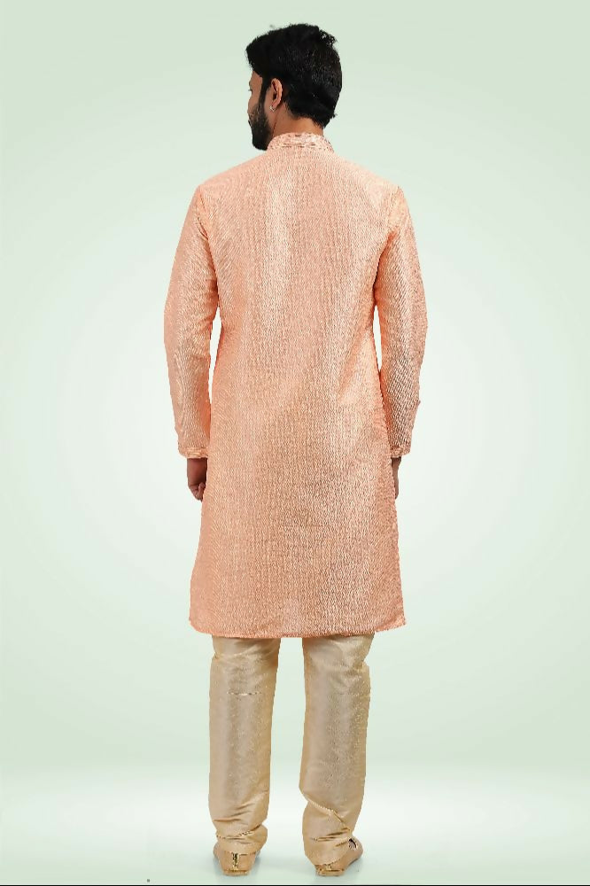Raivat Ethnic Jacquard Banarasi Silk Pintux Work Kurta Pajama In Peach Colour | Grocsy