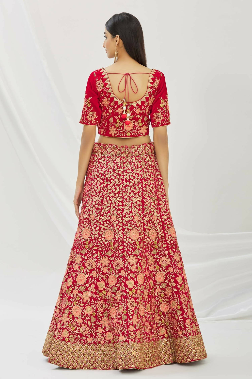 Red Velvet Semi-Stitched Wedding Bridal Lehenga - Nimaya | Grocsy