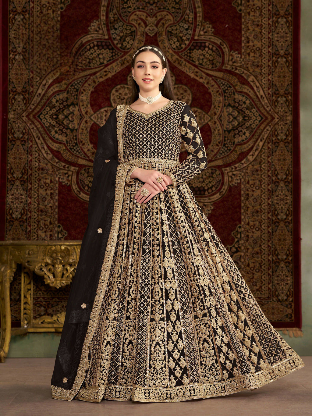 Anaita Black Embroidered Net Stitched Anarkali Suit | Grocsy