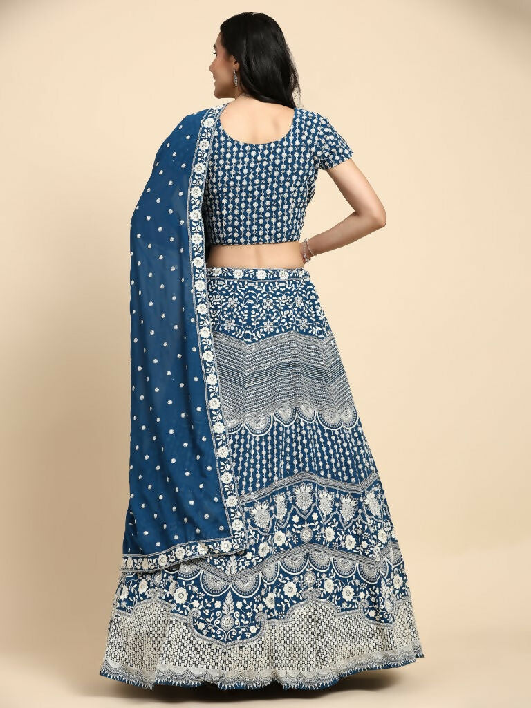 Teal Georgette Thread Embroidered Lehenga Choli with Dupatta - Tanya | Grocsy