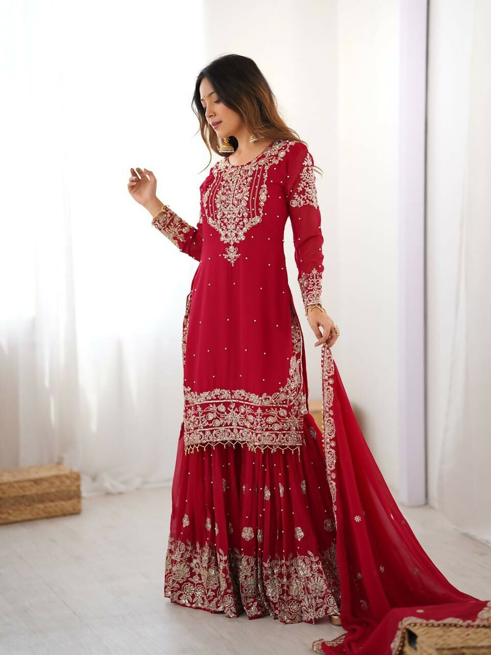 Teeya Creation Red Color Faux Georgette Embroidery Work Wedding Wear Sharara | Grocsy