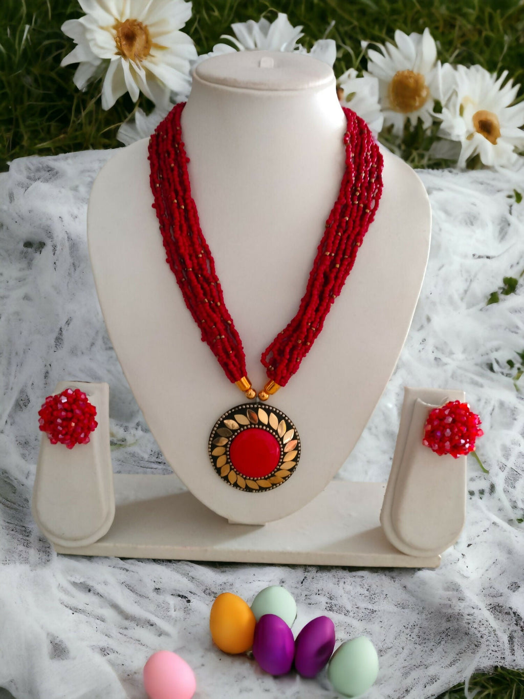 Inhanns All-Day Statement Beaded Necklace Set - Red | Grocsy