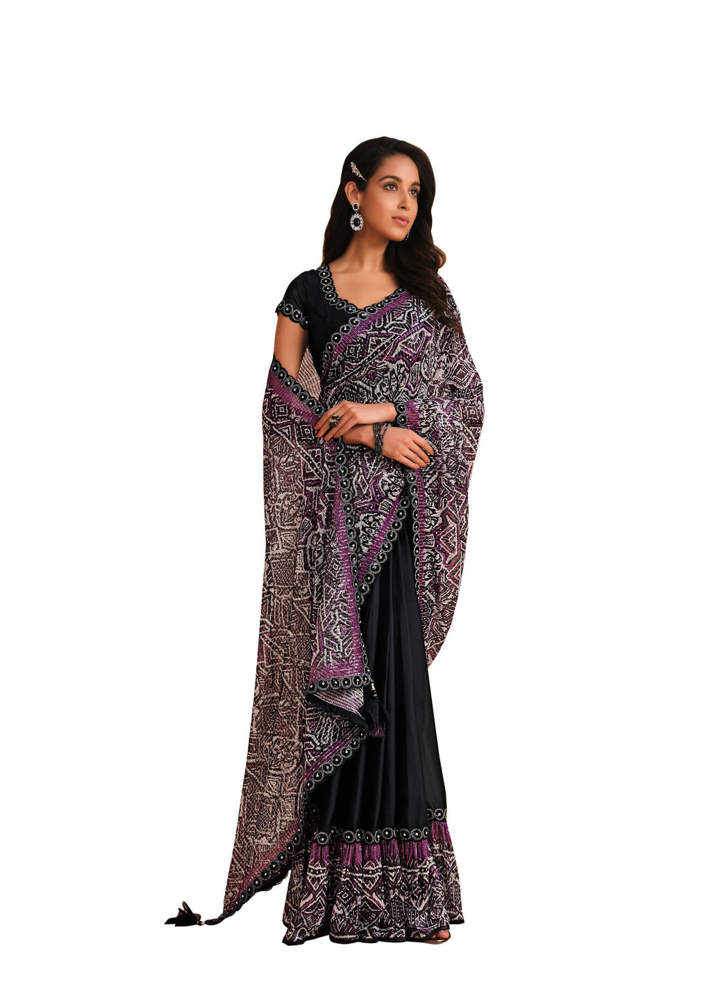 Black Satin Crepe Silk Sequence Embroidered Saree With Unstitched Blouse - Mohmanthan Yavanika | Grocsy