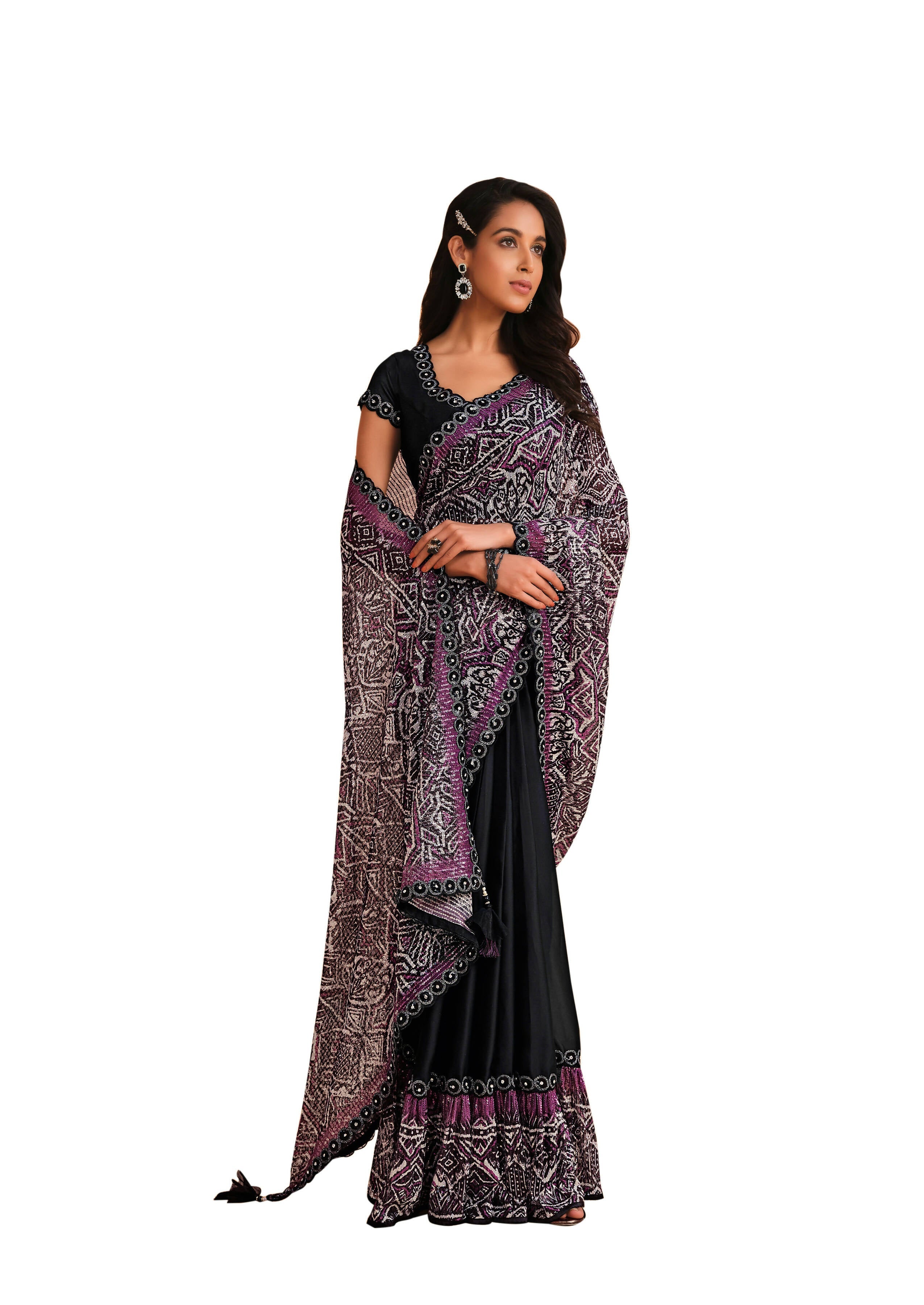 Black Satin Crepe Silk Sequence Embroidered Saree With Unstitched Blouse - Mohmanthan Yavanika | Grocsy