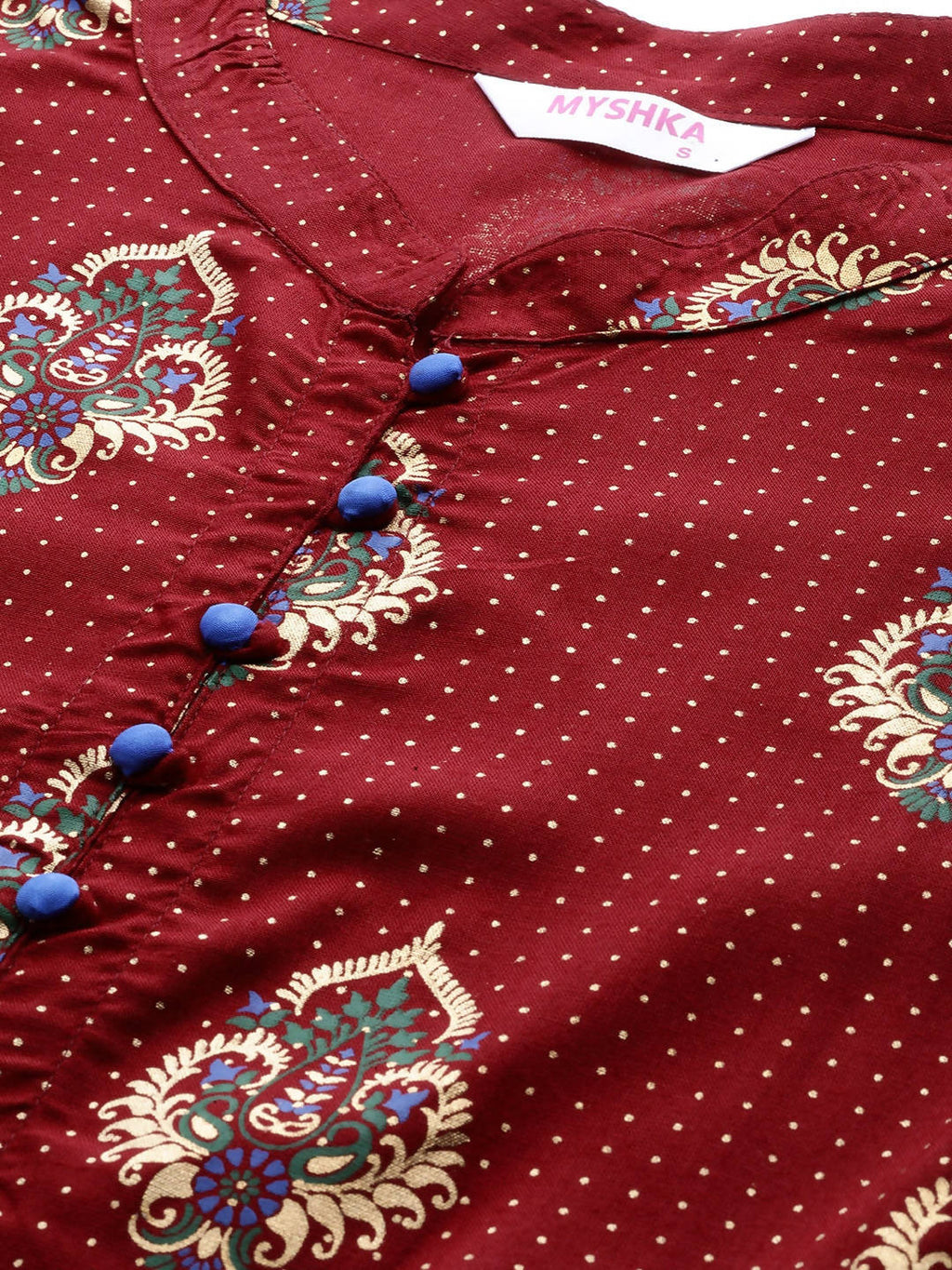 Myshka Maroon & Golden Ethnic Motifs Printed Cotton Maxi Dress | Grocsy