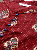 Myshka Maroon & Golden Ethnic Motifs Printed Cotton Maxi Dress | Grocsy